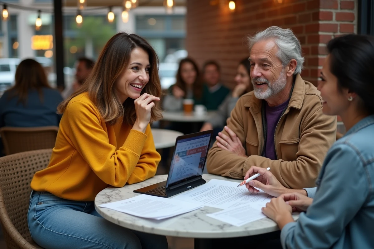Groupe d'adultes discutant des conditions d'inscription à La Roue de la Fortune dans un café