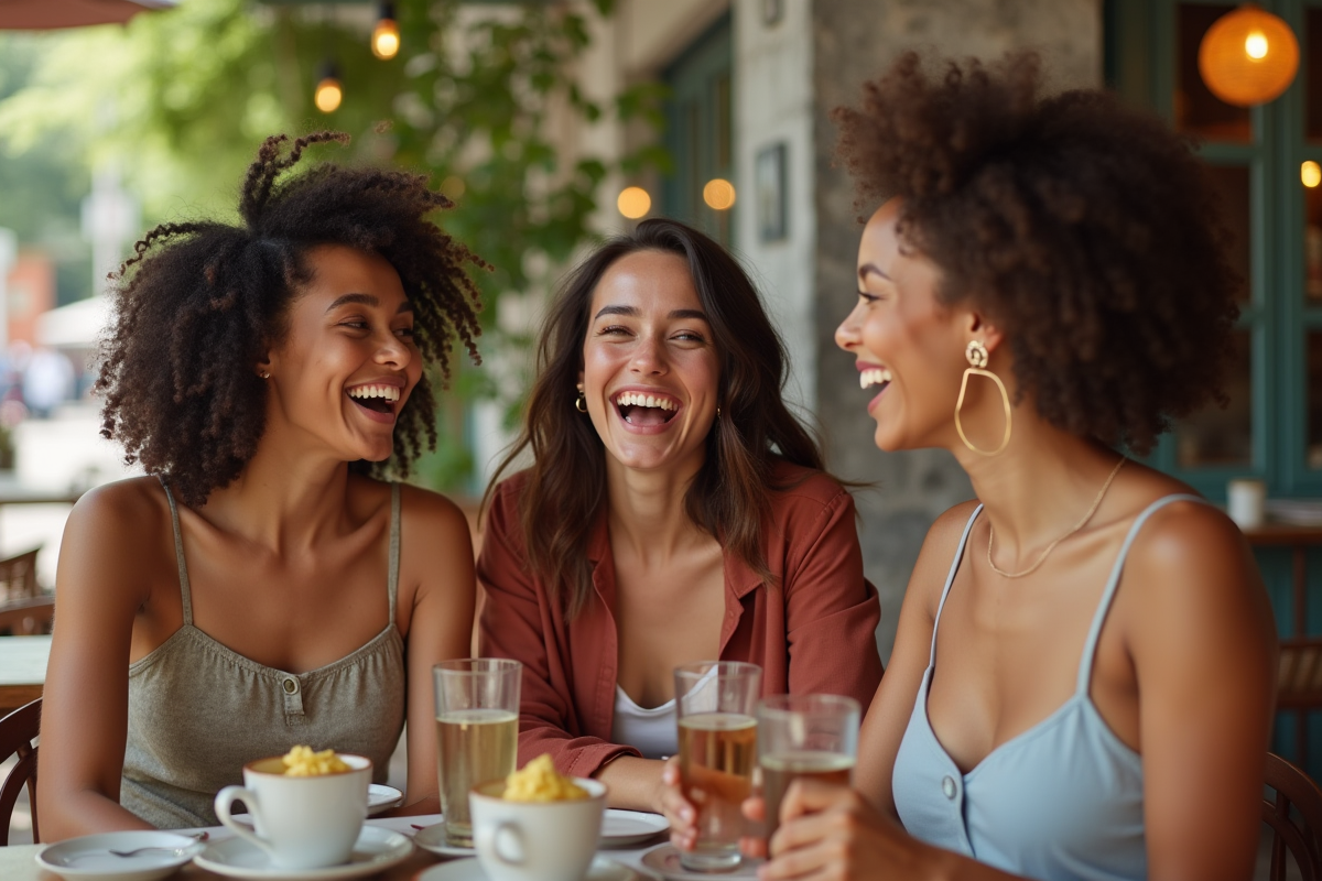 Groupe de femmes souriantes et confiantes au café en plein air
