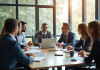Groupe de professionnels en discussion dans un bureau lumineux