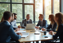Groupe de professionnels en discussion dans un bureau lumineux