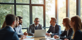 Groupe de professionnels en discussion dans un bureau lumineux