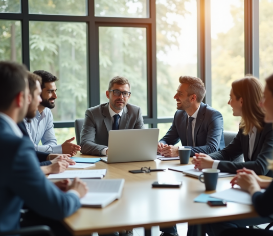 Groupe de professionnels en discussion dans un bureau lumineux