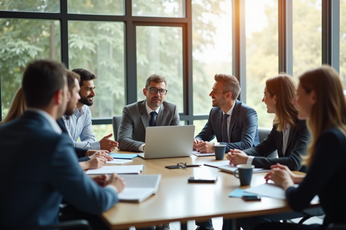 Groupe de professionnels en discussion dans un bureau lumineux