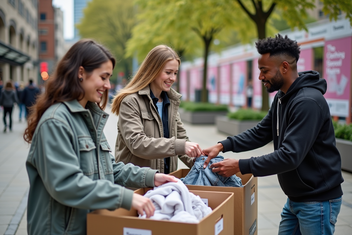 Groupe de trois personnes triant des vêtements en extérieur