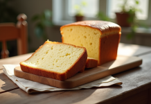 Gâteau éponge maison coupé sur table en bois rustique
