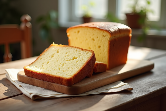 Gâteau éponge maison coupé sur table en bois rustique