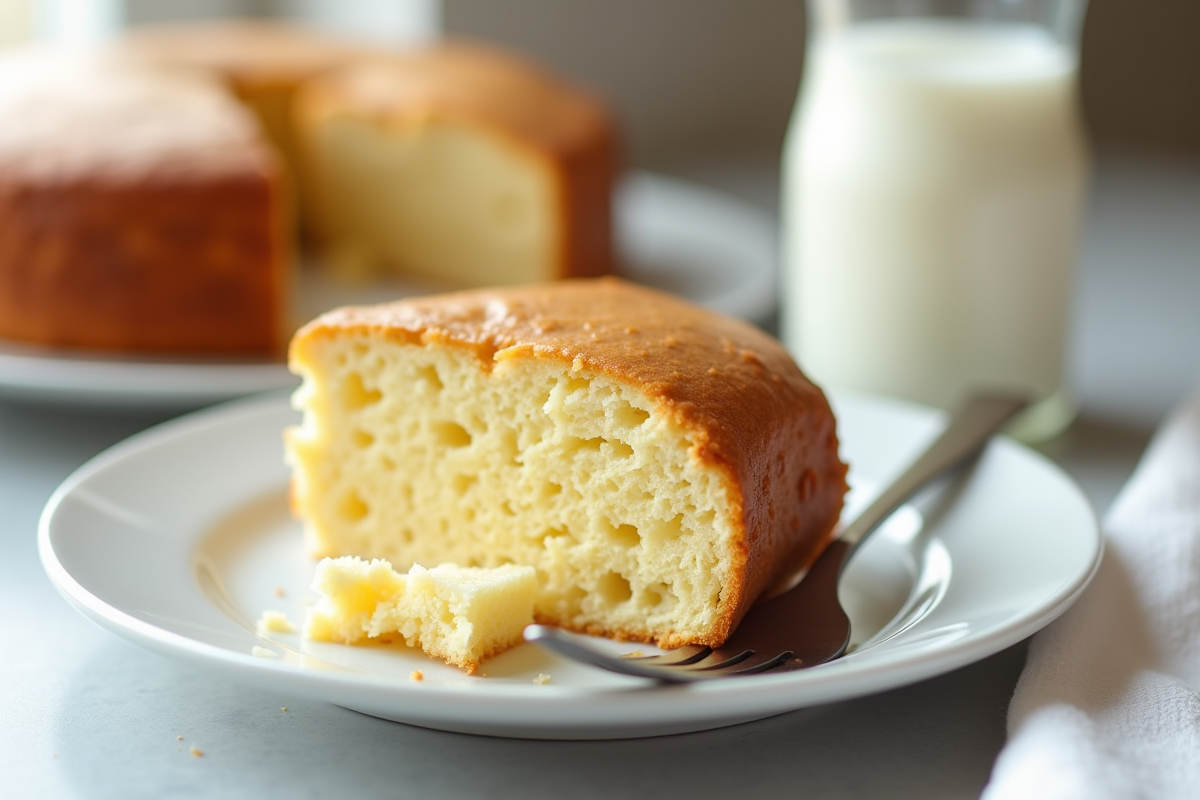 Gâteau éponge moelleux avec un morceau sur une assiette blanche