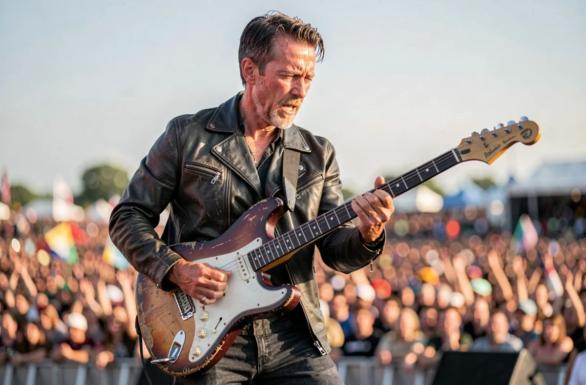 Guitariste masculin en veste de cuir en pleine performance sur une scène de festival de musique en plein air