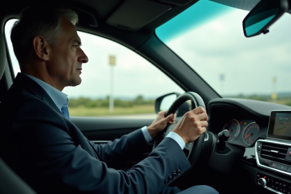 Homme d'affaires en voiture moderne sur l'autoroute française