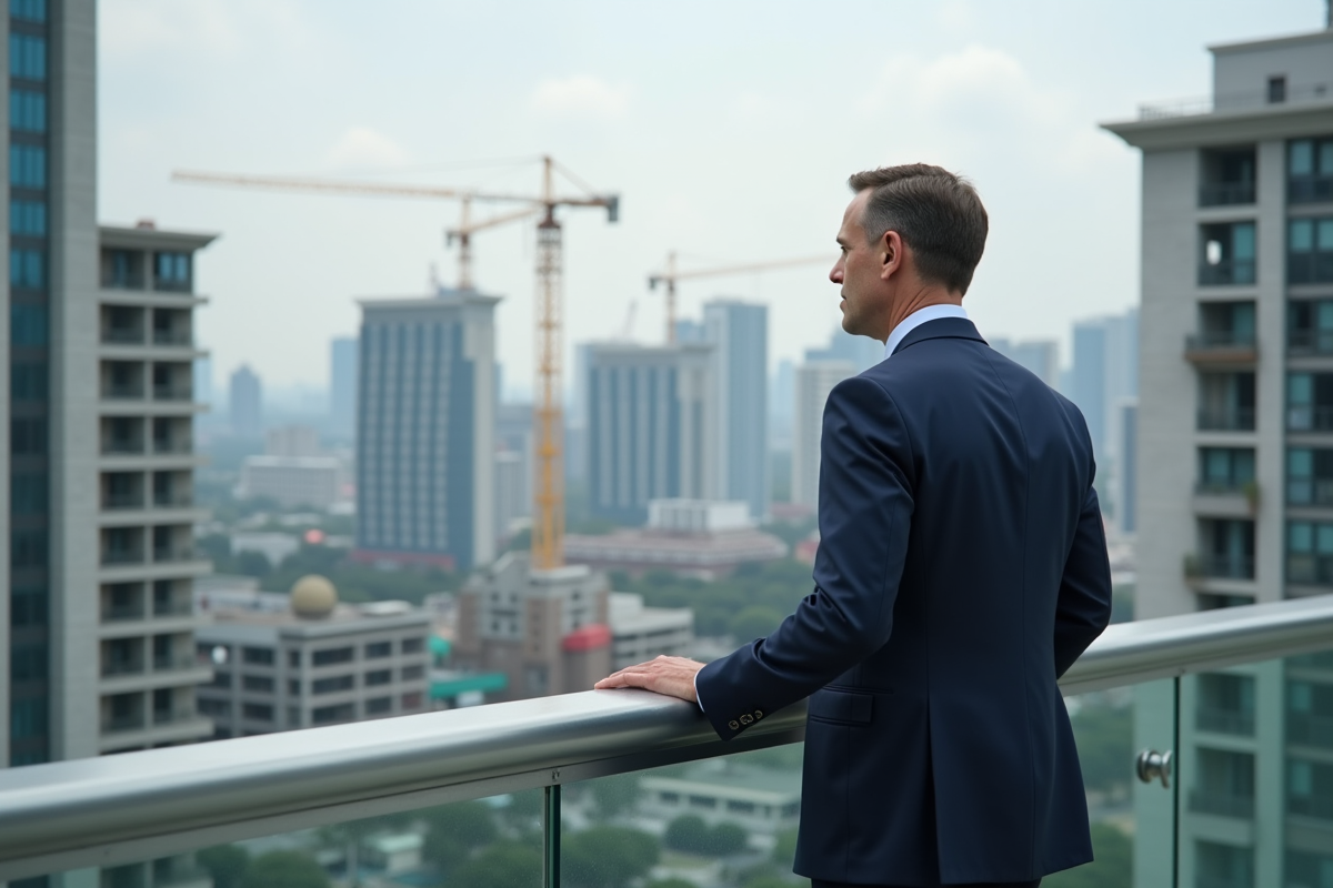 Homme d'affaires en costume regardant la ville