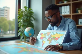 Homme africain examine une carte du monde dans un bureau