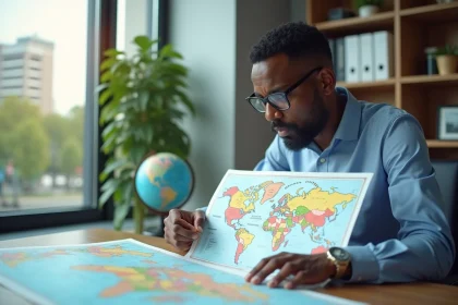 Homme africain examine une carte du monde dans un bureau