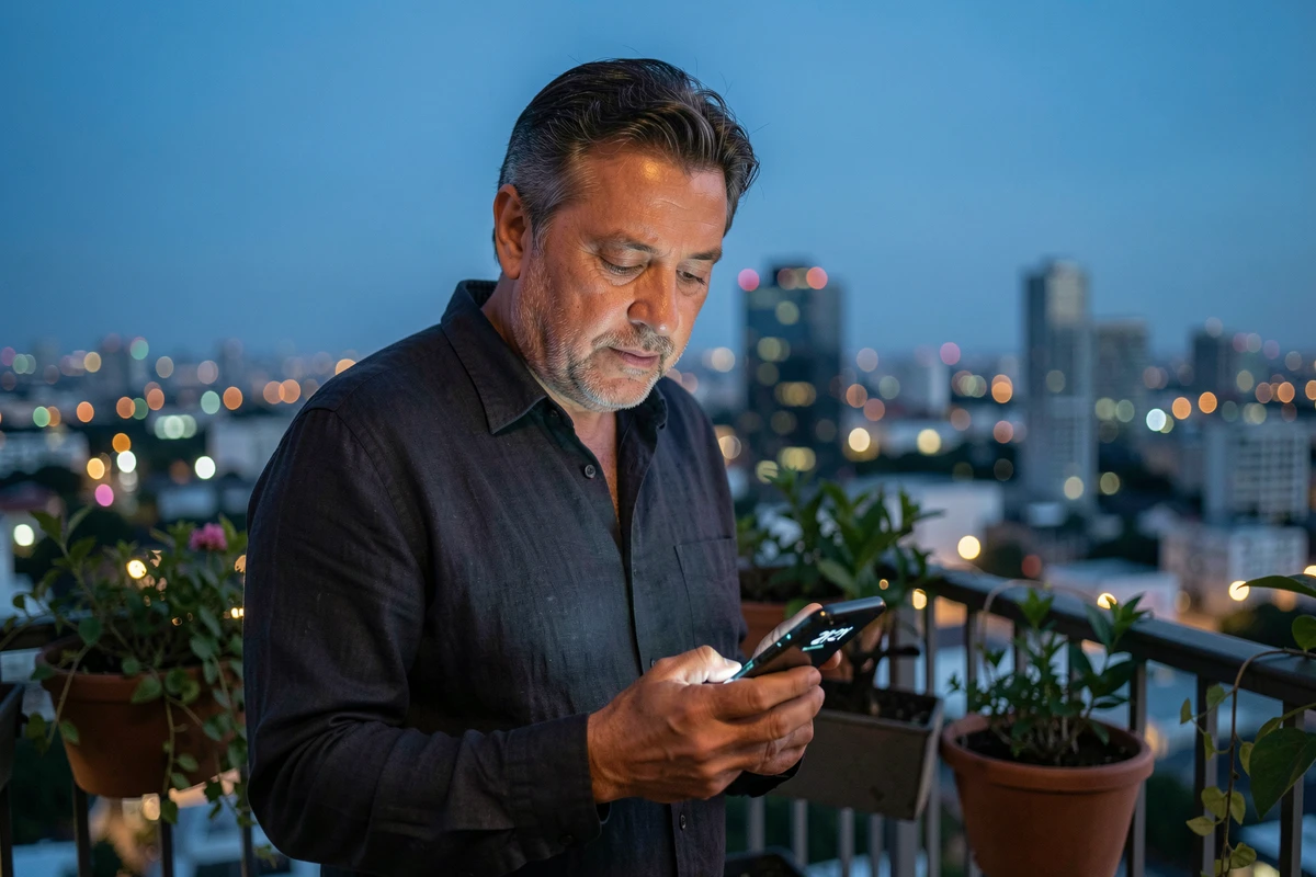 Homme sur un balcon urbain regardant son téléphone affichant 21h21 au crépuscule