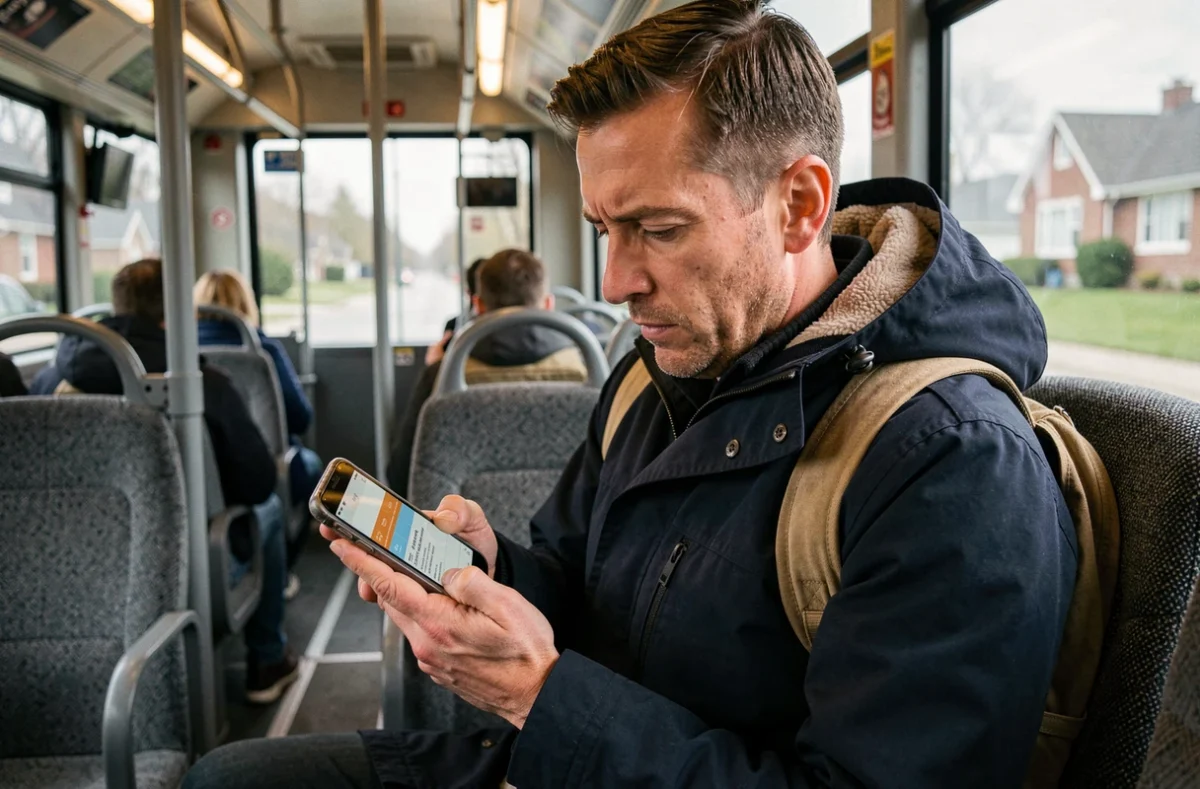 Homme dans un bus consultant une application de transport en commun pour vérifier l'horaire de la ligne 378
