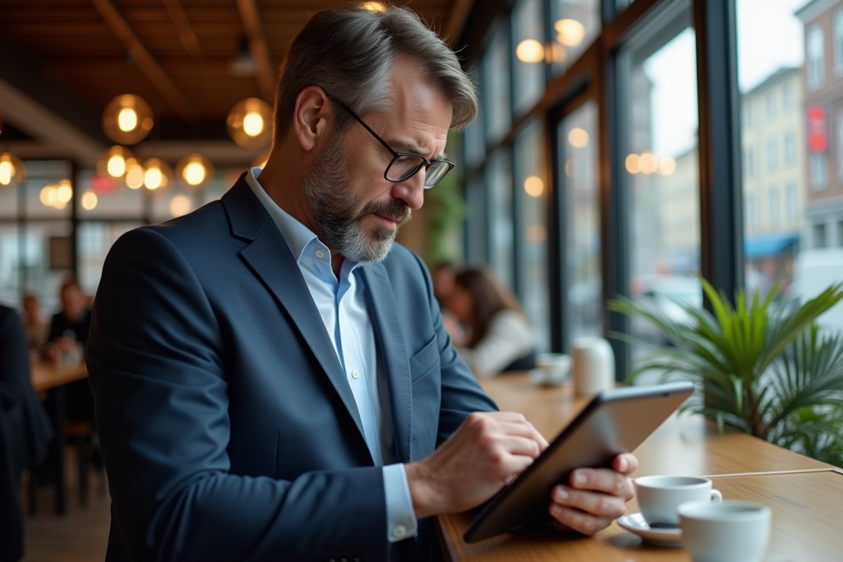 Homme en costume vérifiant une traduction sur tablette au café