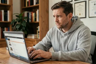 Homme consultant un site de téléchargement sur son ordinateur portable dans un bureau à domicile, illustrant la question du cadre légal français en 2026