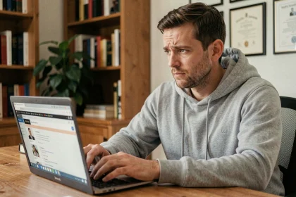Homme consultant un site de téléchargement sur son ordinateur portable dans un bureau à domicile, illustrant la question du cadre légal français en 2026