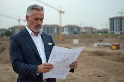 Homme confiant examinant des plans sur un chantier immobilier