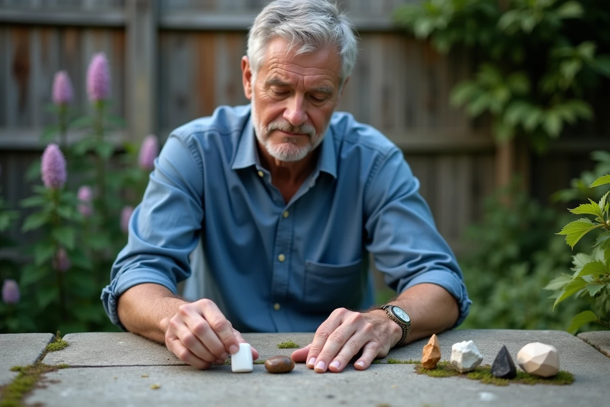 Homme disposant des cristaux dans un jardin calme