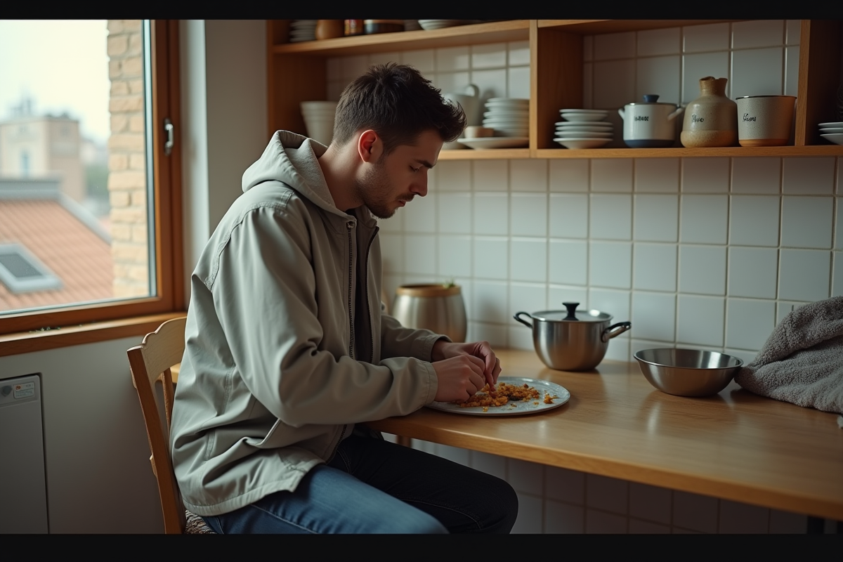 Homme préparant un repas dans une petite cuisine