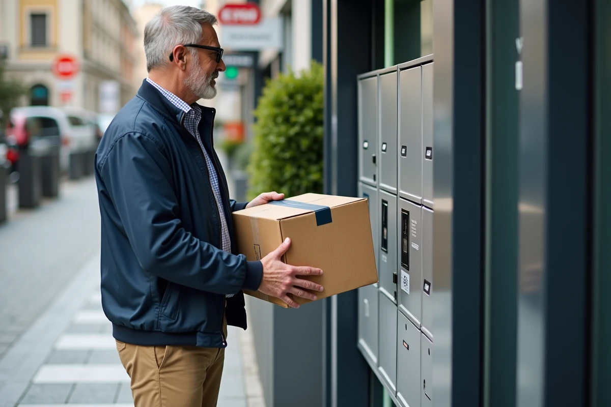 Homme dépose un colis dans un casier automatique extérieur