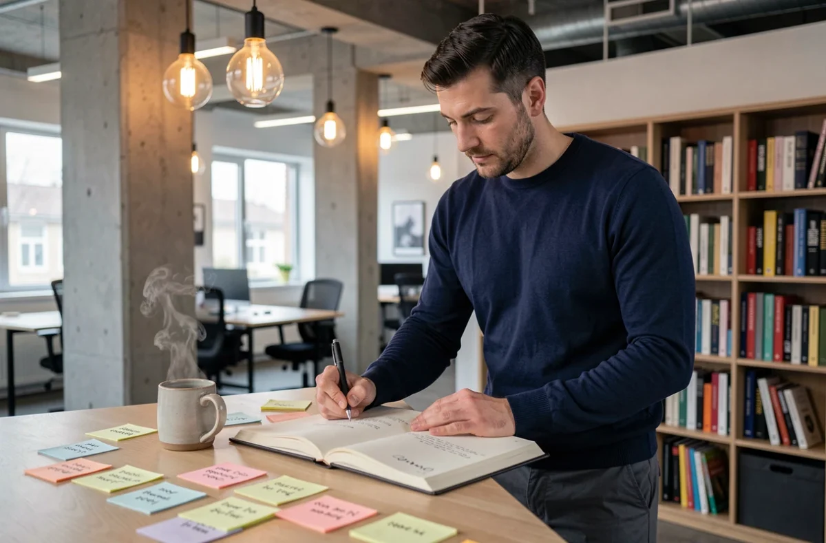 Homme écrivant des affirmations et synonymes de mantras dans un carnet dans un espace de coworking moderne