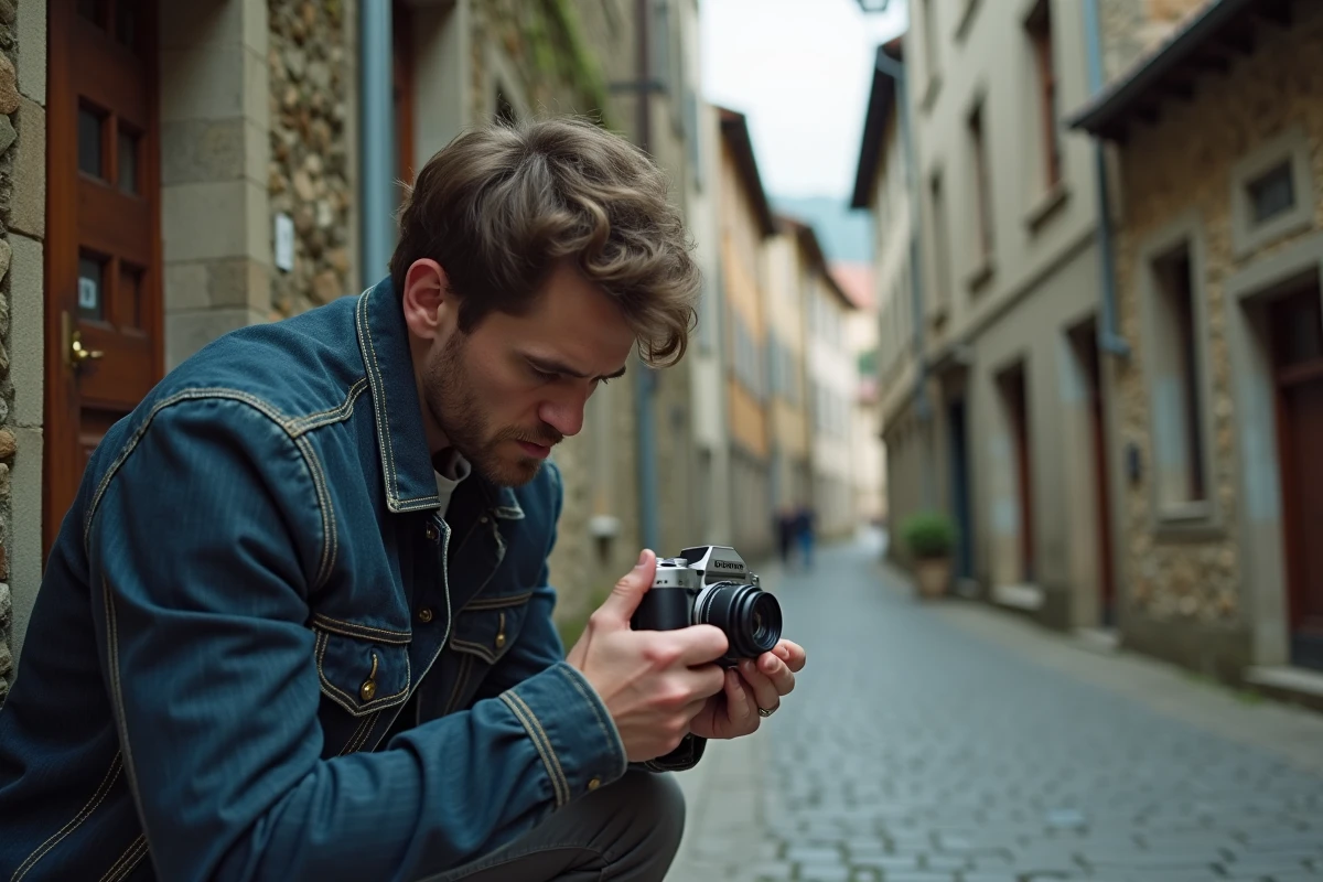 Homme examinant un appareil photo jetable réutilisable dans une ruelle pavée, illustrant une erreur fréquente de manipulation