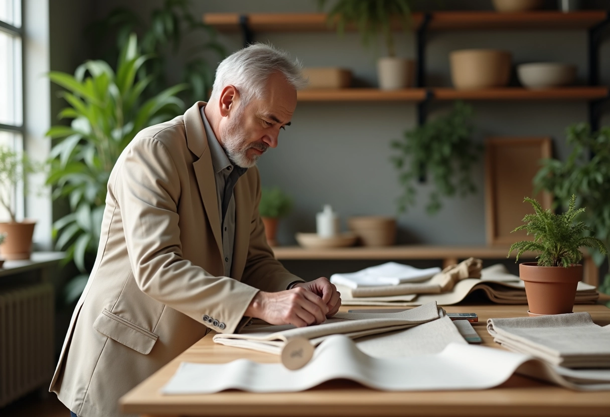 Homme inspectant des échantillons de tissus durables