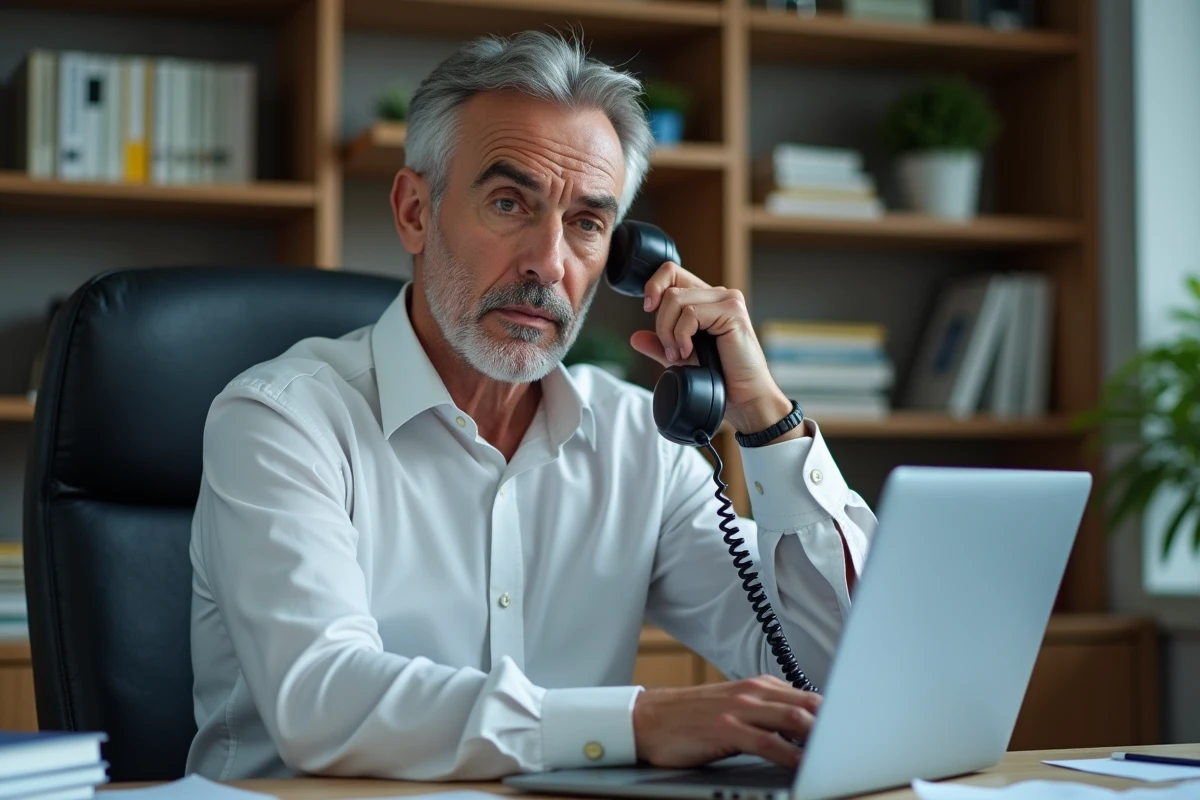 Homme consultant le site Bloctel sur son ordinateur pour bloquer les appels téléphoniques non sollicités
