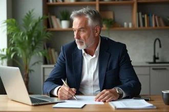 Homme d'âge moyen réfléchissant à ses investissements dans une cuisine moderne