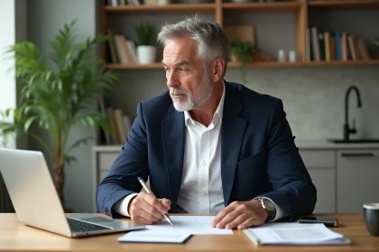 Homme d'âge moyen réfléchissant à ses investissements dans une cuisine moderne