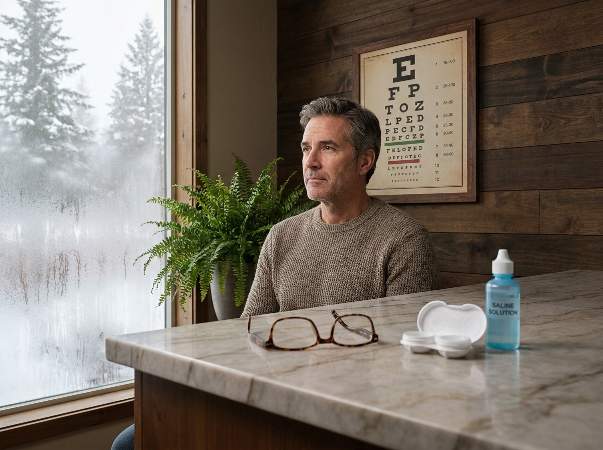 Homme consultant ses accessoires pour lentilles de contact lors d'une cure thermale hivernale dans un centre de soins
