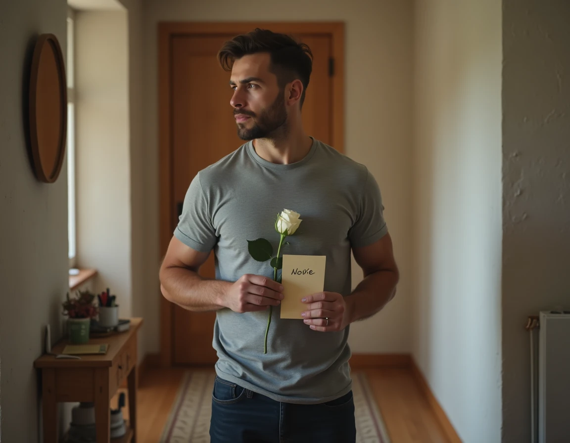 Homme tenant un mot et une rose blanche devant une porte fermée pour se réconcilier après une dispute de Saint-Valentin