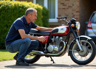 Comment estimer le prix d’une moto Dax avant l’achat ? Homme examinant une moto Honda Dax dans une cour ensoleillee