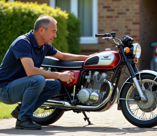 Comment estimer le prix d’une moto Dax avant l’achat ? Homme examinant une moto Honda Dax dans une cour ensoleillee