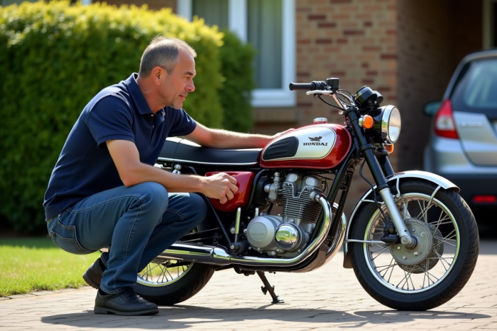 Homme examinant une moto Honda Dax dans une cour ensoleillee