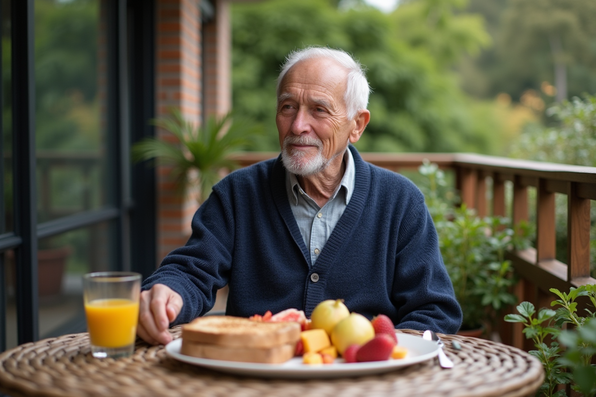 Homme âgé dégustant un petit déjeuner en extérieur dans le jardin