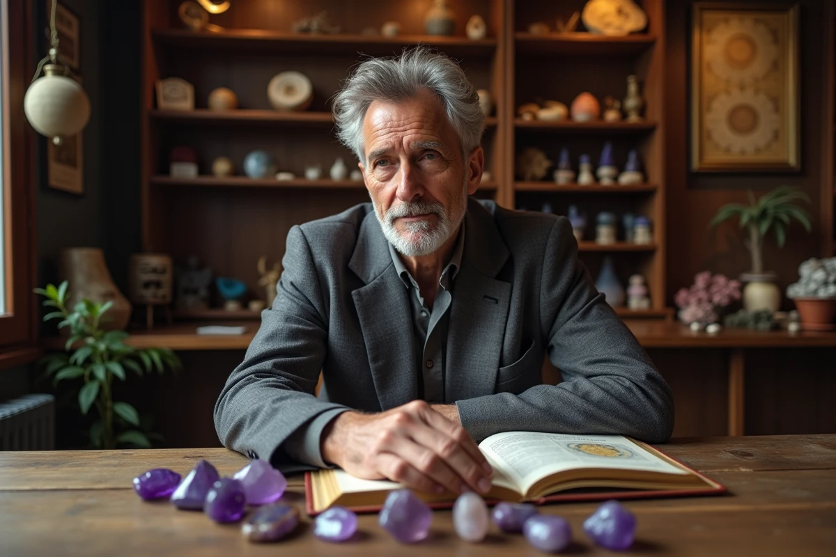 Homme consultant un livre sur les pierres précieuses zodiacales entouré de minéraux violets dans une boutique ésotérique