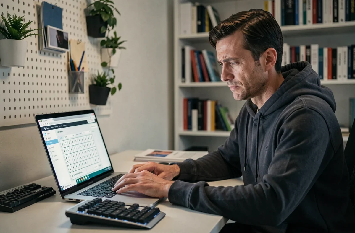 Homme utilisant un ordinateur portable pour rechercher des solutions de mots fléchés sur un outil en ligne dans un bureau moderne