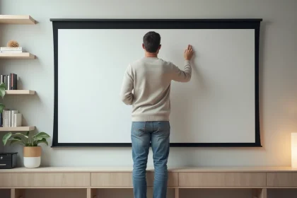 Homme ajustant un grand écran de projection dans un salon moderne