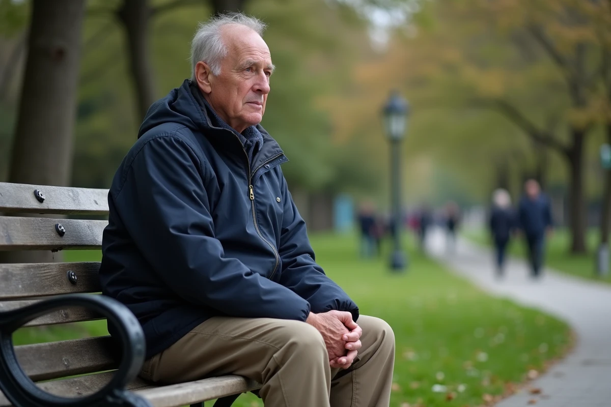 Homme assis sur un banc de parc contemplatif en plein air