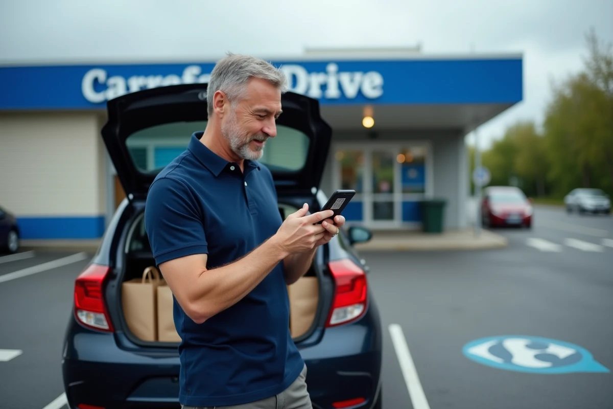 Homme récupérant ses courses Carrefour Drive avec un code promo sur smartphone dans un parking drive