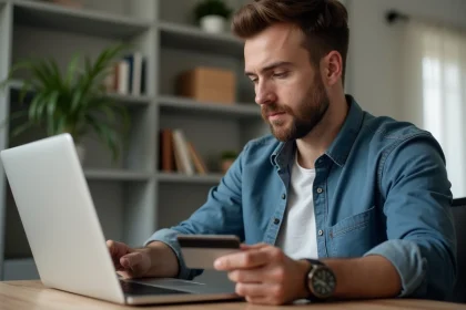 Homme concentré utilisant une carte bancaire sur son ordinateur