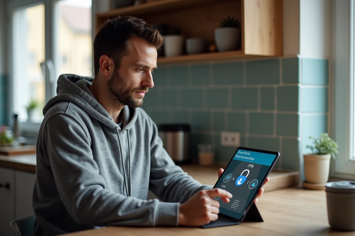 Homme consultant une application de sécurité VPN sur une tablette depuis son domicile pour naviguer en toute sécurité