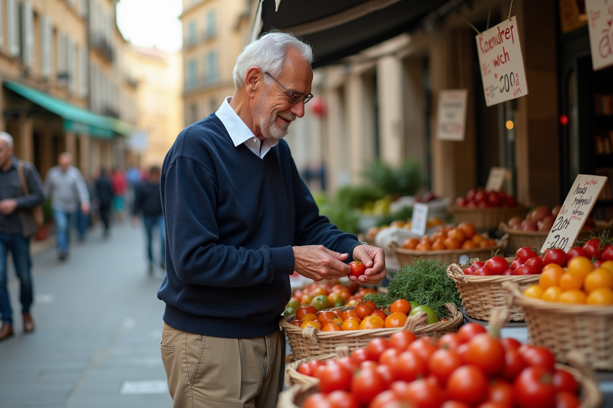 Homme âgé choisissant des légumes au marché en France