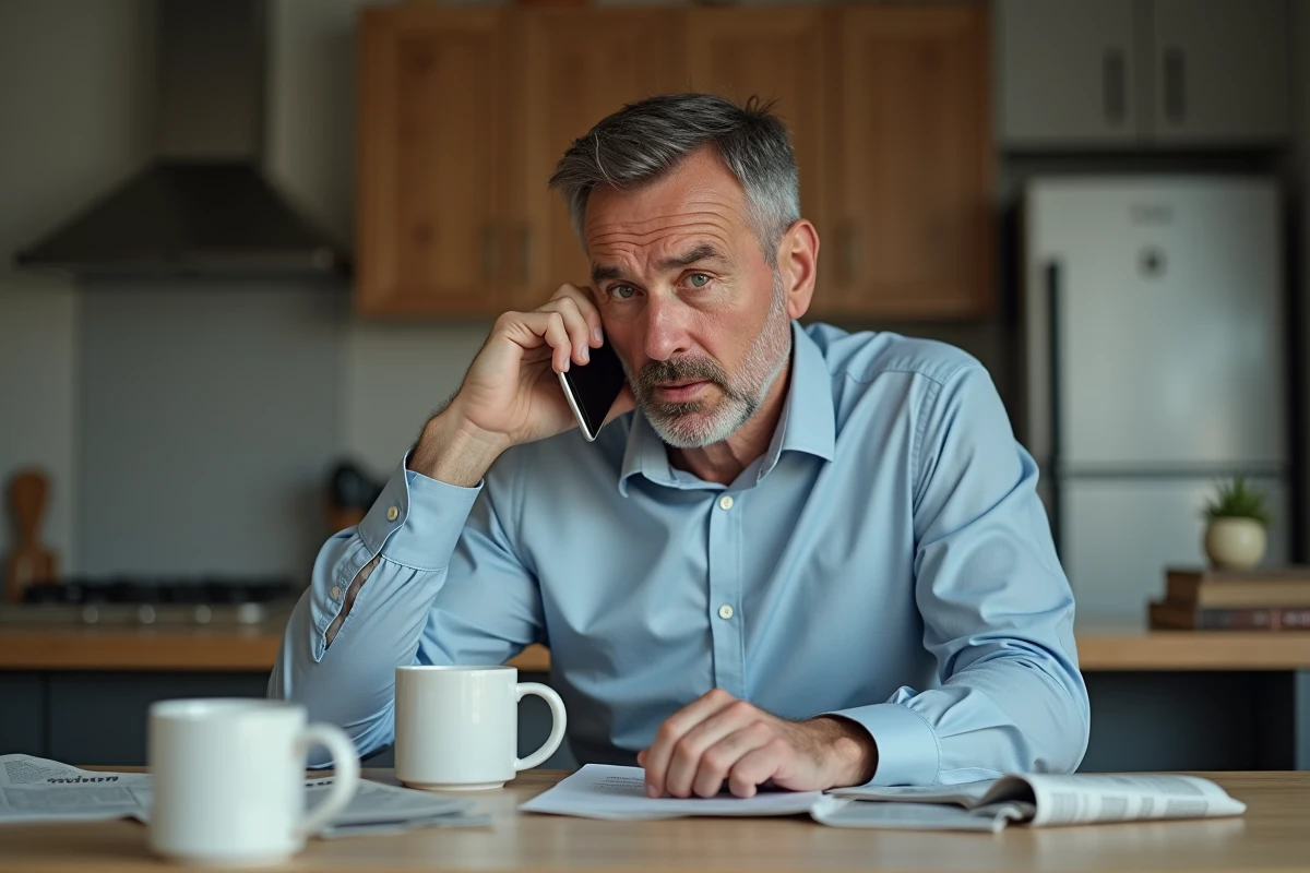 Homme d'âge moyen sceptique au téléphone dans une cuisine