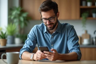 Homme en casual regardant son smartphone dans la cuisine