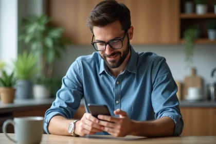 Homme en casual regardant son smartphone dans la cuisine