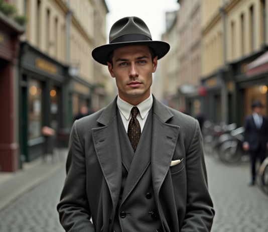 Homme élégant en costume des années 40 dans une rue européenne