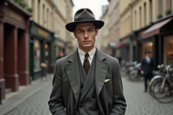 Homme élégant en costume des années 40 dans une rue européenne